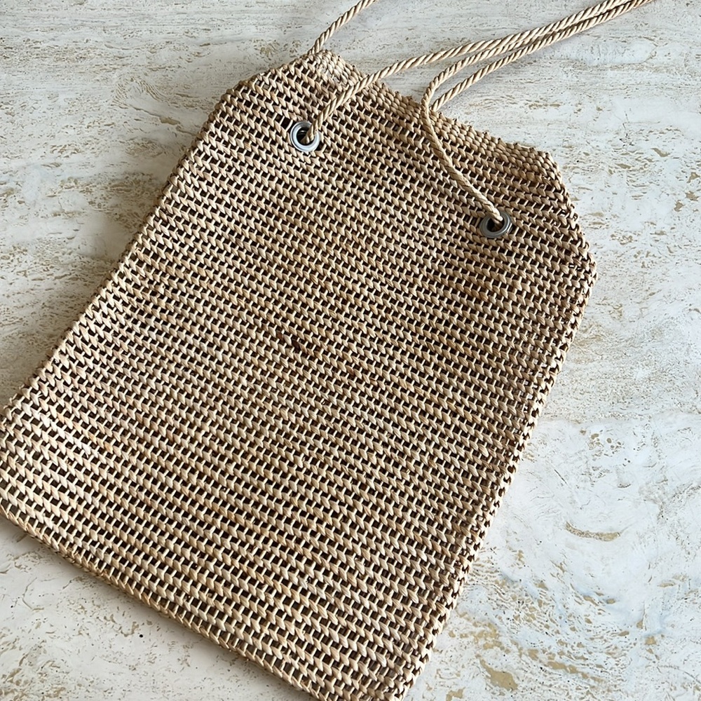 Vintage French Market Bag | Woven Rattan Shoulder | Coastal Boho 19.5x15.25